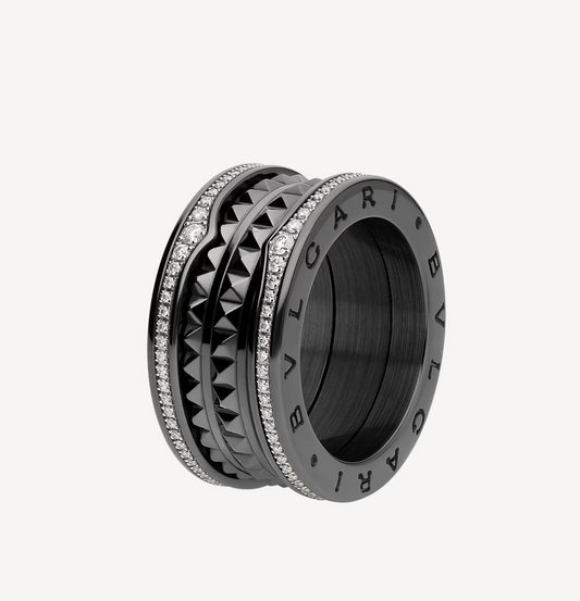 [Topon Jewelry]ZERO 1 ROCK FOUR-BAND BLACK CERAMIC WITH STUDDED SPIRAL AND PAVED DIAMONDS RING