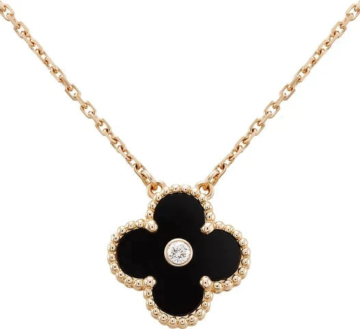 [Topon Jewelry]CLOVER 15MM DIAMOND ONYX NECKLACE