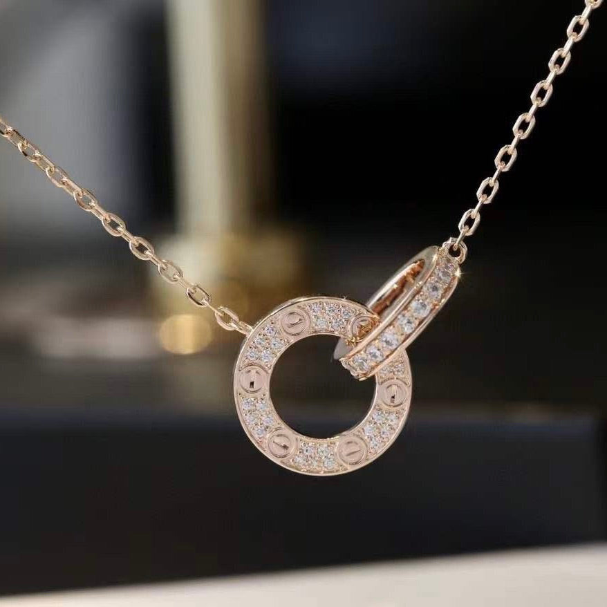 [Topon Jewelry]LOVE 7.6MM NECKLACE ROSE GOLD AND SILVER  FULL DIAMOND