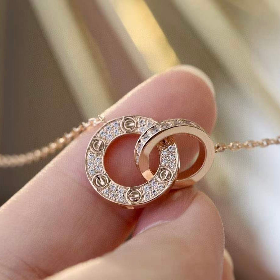 [Topon Jewelry]LOVE 7.6MM NECKLACE ROSE GOLD AND SILVER  FULL DIAMOND