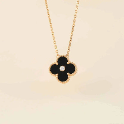 [Topon Jewelry]CLOVER 15MM DIAMOND ONYX NECKLACE