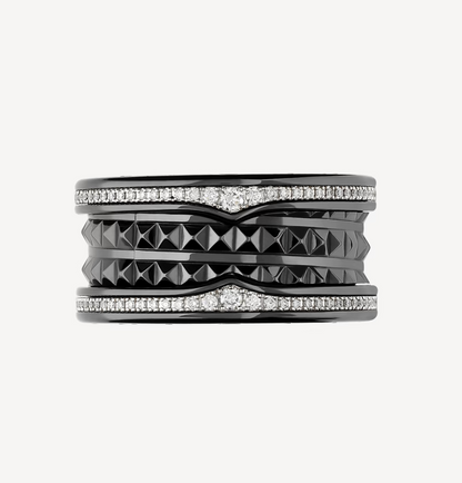 [Topon Jewelry]ZERO 1 ROCK FOUR-BAND BLACK CERAMIC WITH STUDDED SPIRAL AND PAVED DIAMONDS RING