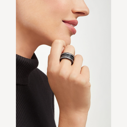 [Topon Jewelry]ZERO 1 ROCK FOUR-BAND BLACK CERAMIC WITH STUDDED SPIRAL AND PAVED DIAMONDS RING