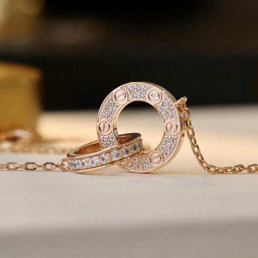 [Topon Jewelry]LOVE 7.6MM NECKLACE ROSE GOLD AND SILVER  FULL DIAMOND