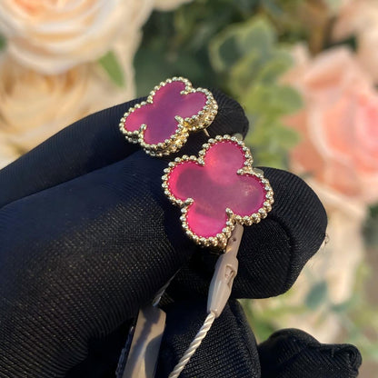 [TOPON]NEW CLOVER 15MM PINK ENAMEL STUD EARRINGS
