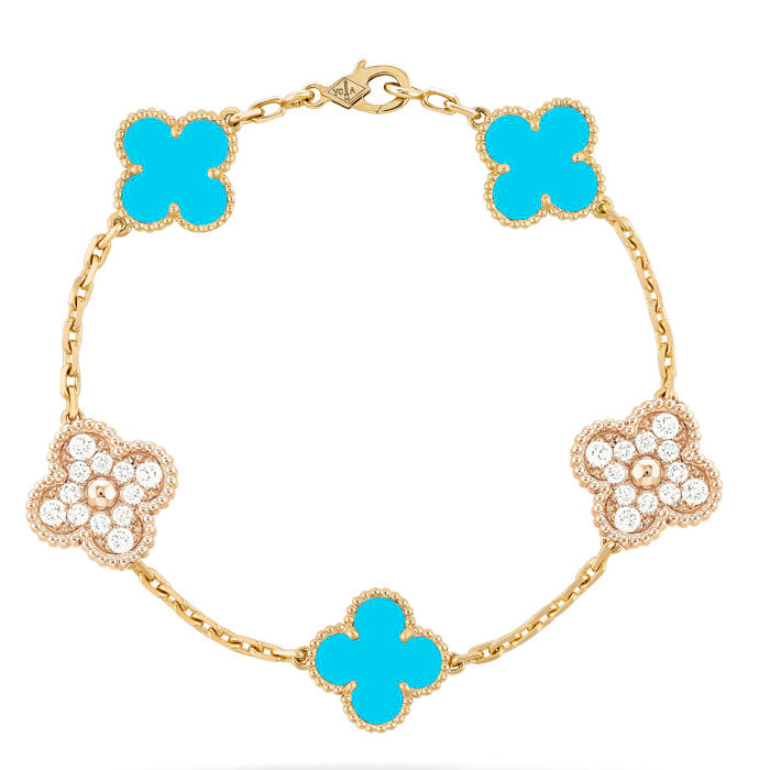 [Topon Jewelry]CLOVER 5 MOTIF TURQUOISE DIAMOND GOLD BRACELET