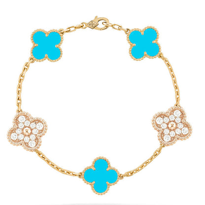 [Topon Jewelry]CLOVER 5 MOTIF TURQUOISE DIAMOND GOLD BRACELET