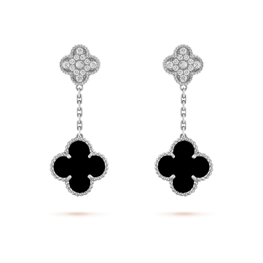 [Topon Jewelry]CLOVER 2 MOTIFS  DIAMOND ONYX EARRINGS SILVER