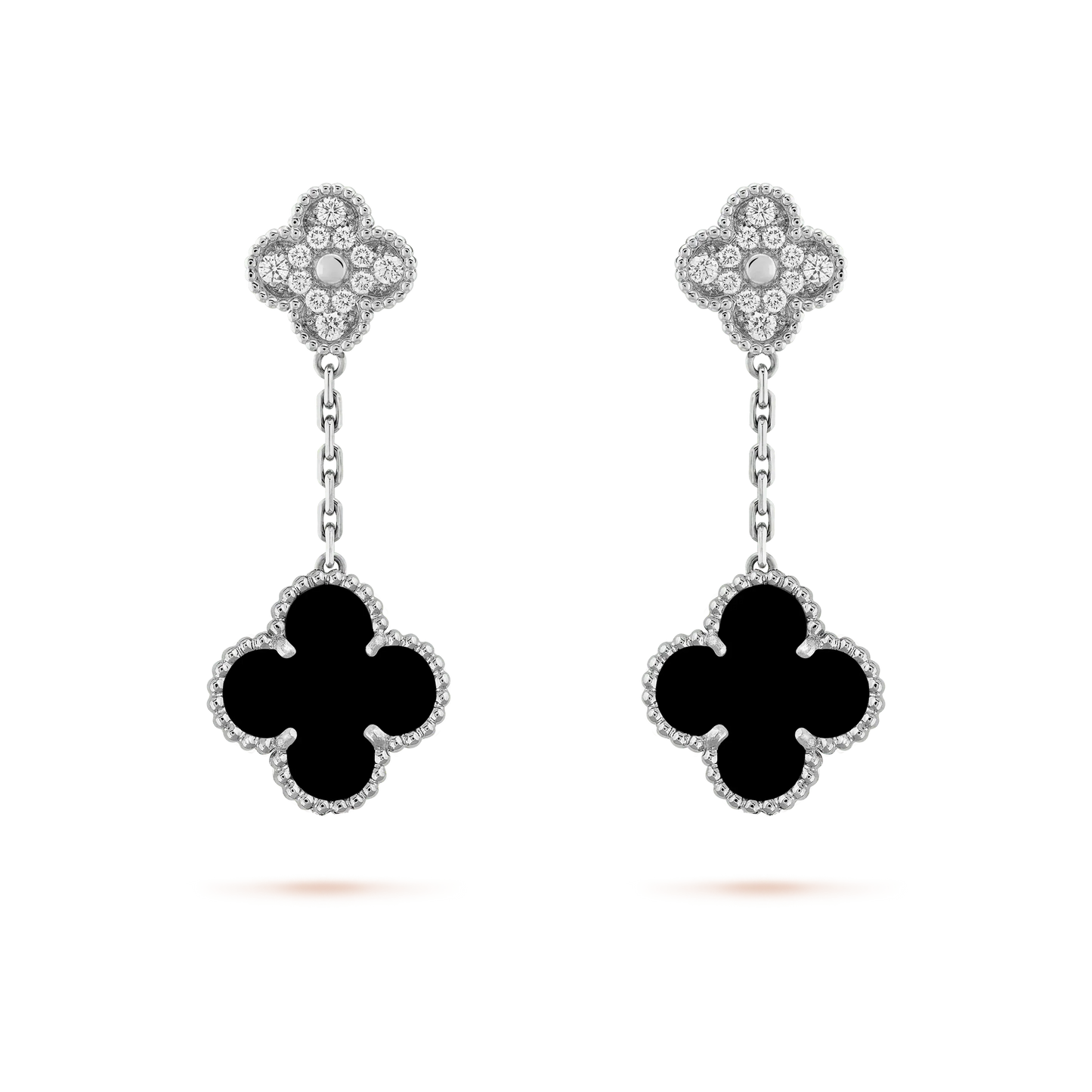 [Topon]CLOVER 2 MOTIFS  DIAMOND ONYX EARRINGS SILVER