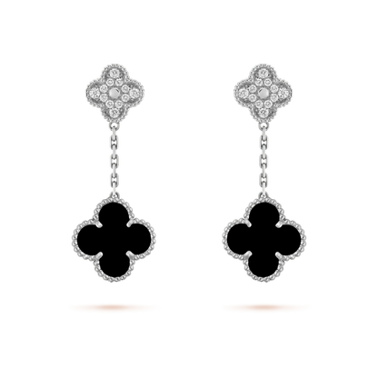 [Topon]CLOVER 2 MOTIFS  DIAMOND ONYX EARRINGS SILVER