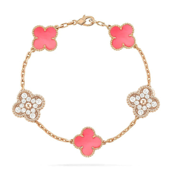 [Topon Jewelry]CLOVER 5 MOTIF DIAMOND PINK MOP PINK GOLD BRACELET