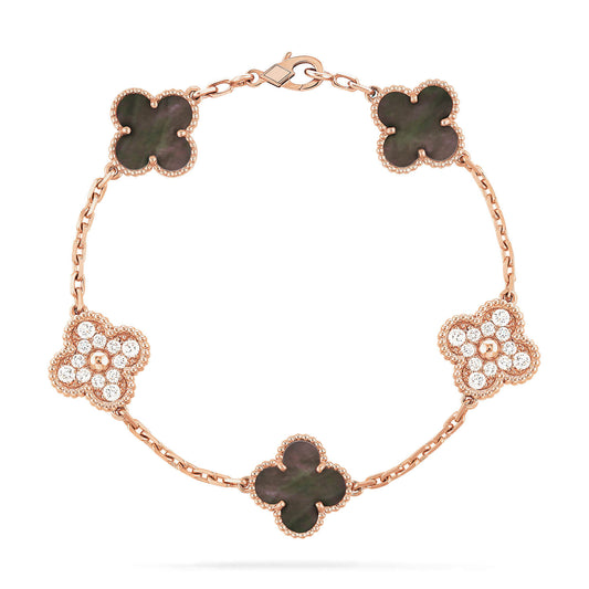 [Topon Jewelry]CLOVER 5 MOTIFS DARK MOP AND DIAMONDS PINK GOLD BRACELET