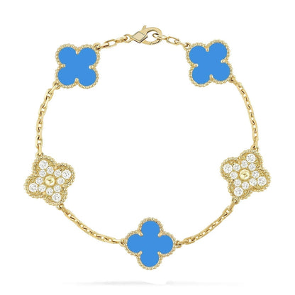 [Topon Jewelry]CLOVER 5 MOTIF BLUE CHALCEDONY DIAMOND GOLD BRACELET