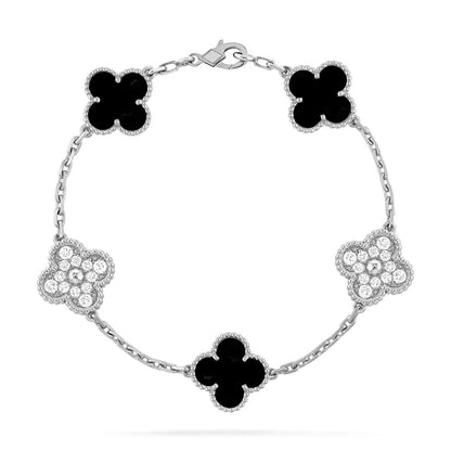 [Topon Jewelry]CLOVER 5 MOTIF ONYXS DIAMOND BRACELET SILVER