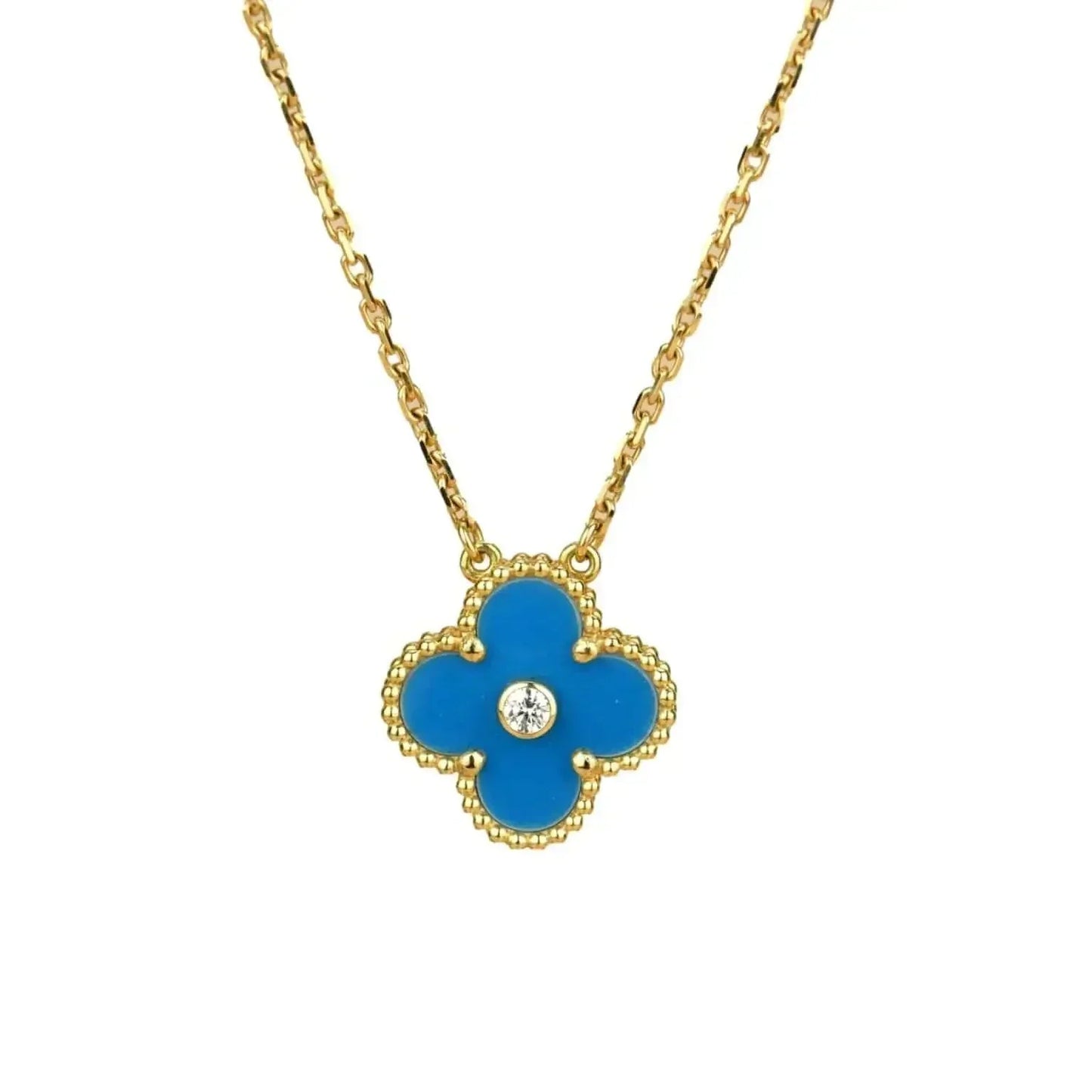 [Topon Jewelry]CLOVER 15MM DIAMOND AND BLUE AGATE NECKLACE