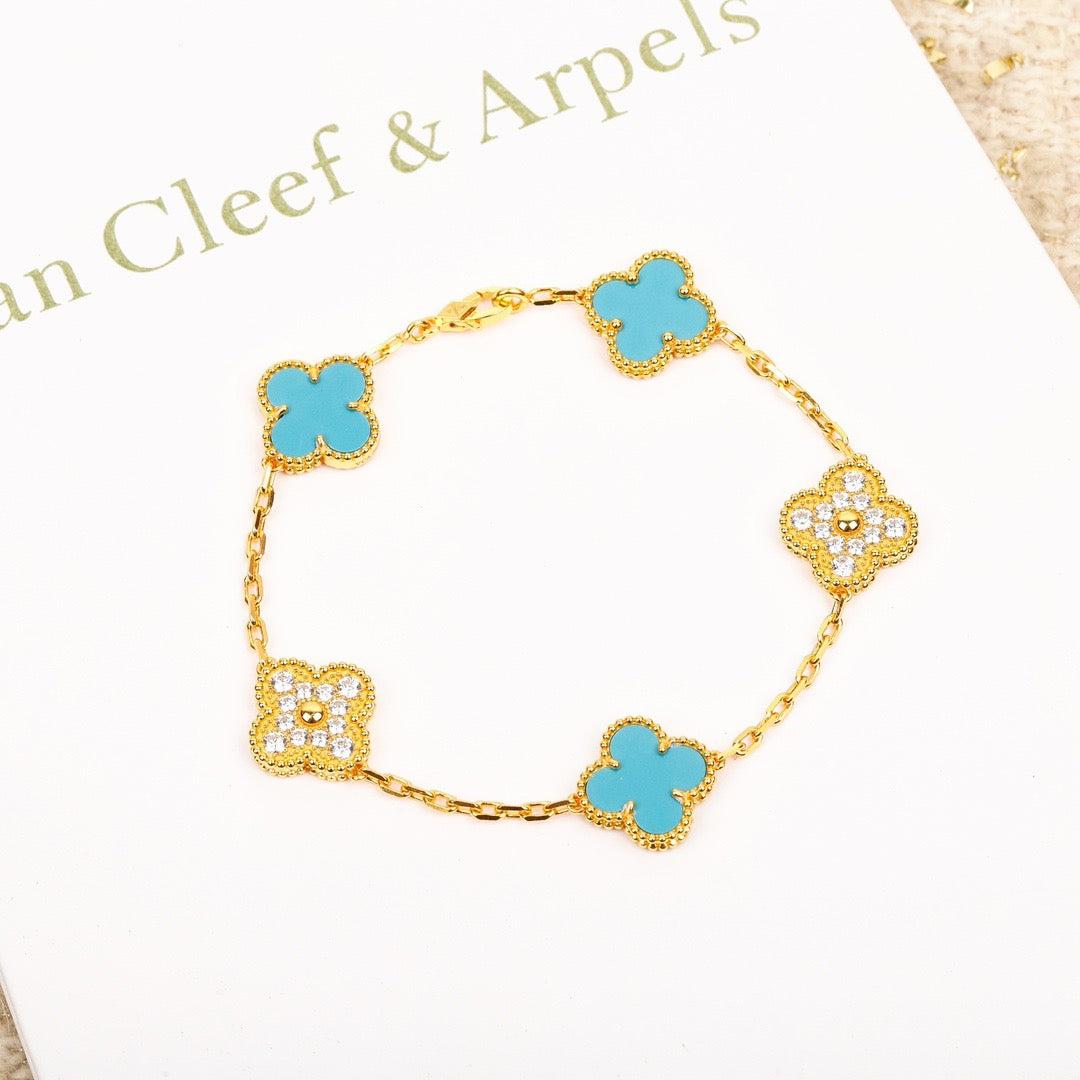 [Topon Jewelry]CLOVER 5 MOTIF TURQUOISE DIAMOND GOLD BRACELET