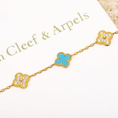 [Topon Jewelry]CLOVER 5 MOTIF TURQUOISE DIAMOND GOLD BRACELET