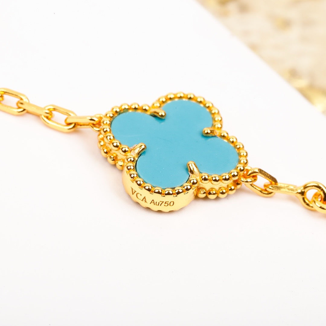 [Topon Jewelry]CLOVER 5 MOTIF TURQUOISE DIAMOND GOLD BRACELET