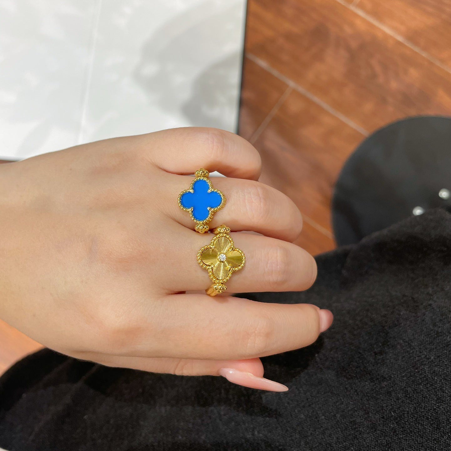 [Topon]CLOVER RIVERSIBLE BLUE AGATE RING