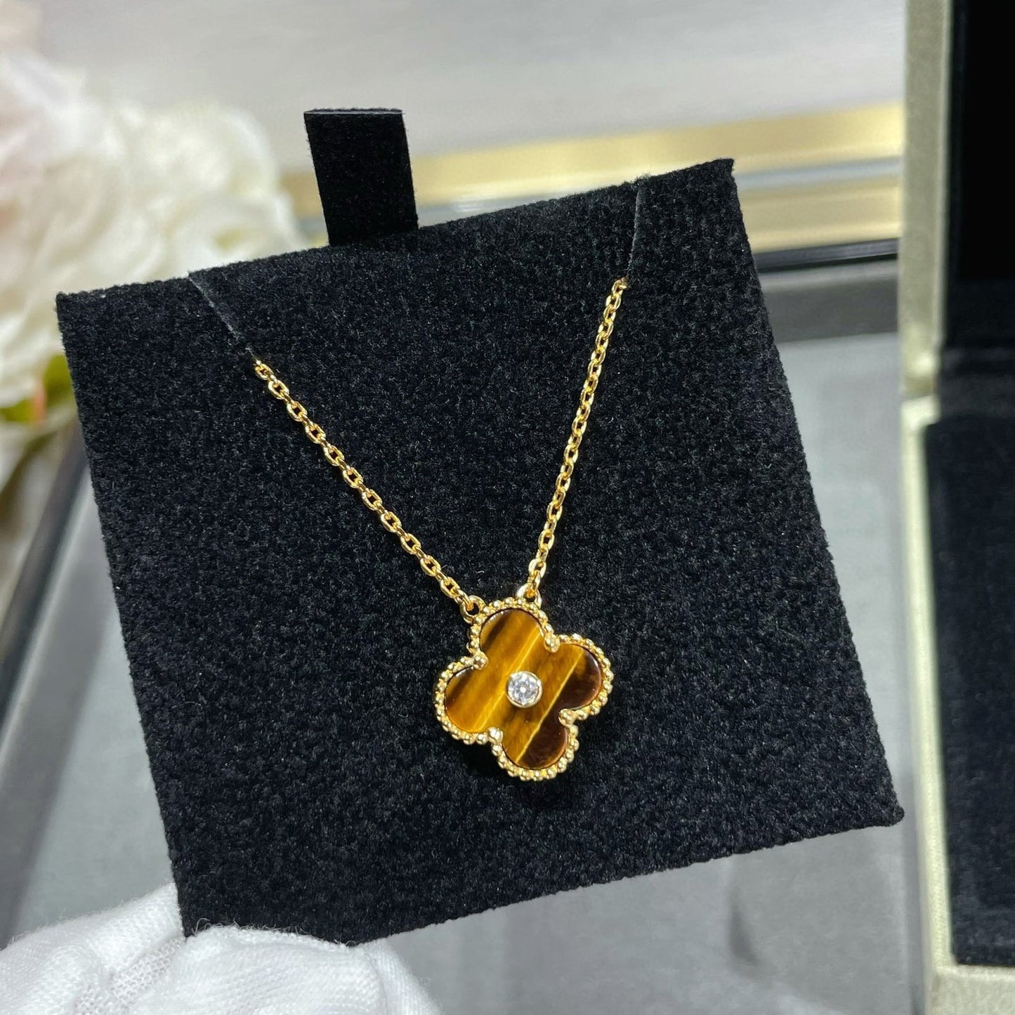 [Topon Jewelry]CLOVER 15MM DIAMOND AND YELLOW TIGER'S EYE AGATE necklace