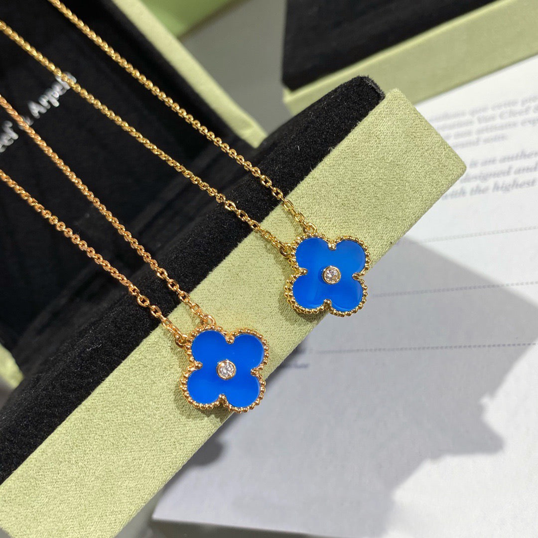 [Topon Jewelry]CLOVER 15MM DIAMOND AND BLUE AGATE NECKLACE