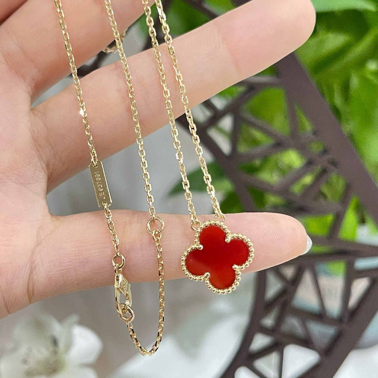 [Topon Jewelry]CLOVER 15MM CARNELIAN SINGLE FLOWER NECKLACE