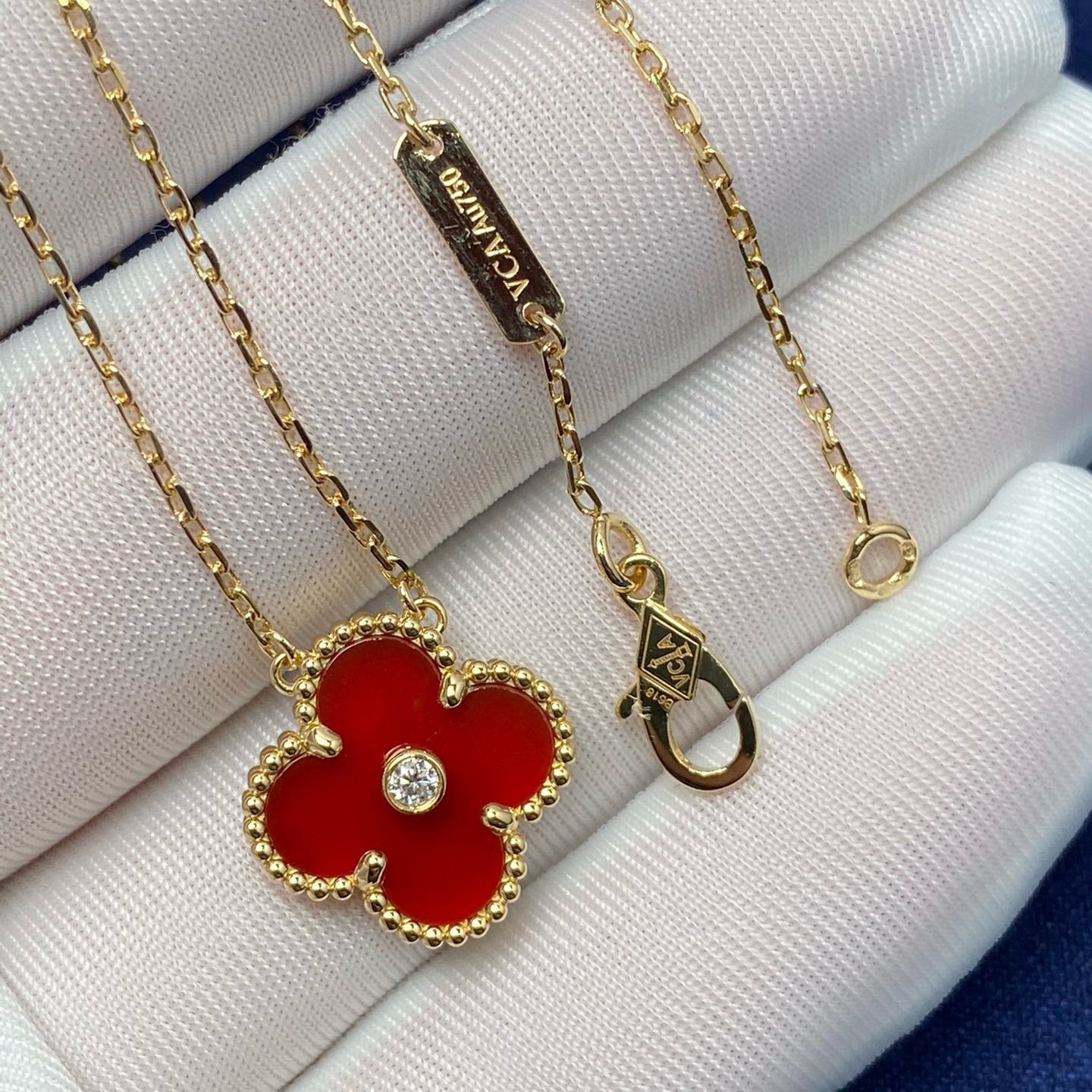 [Topon Jewelry]CLOVER 15MM DIAMOND CARNELIAN NECKLACE