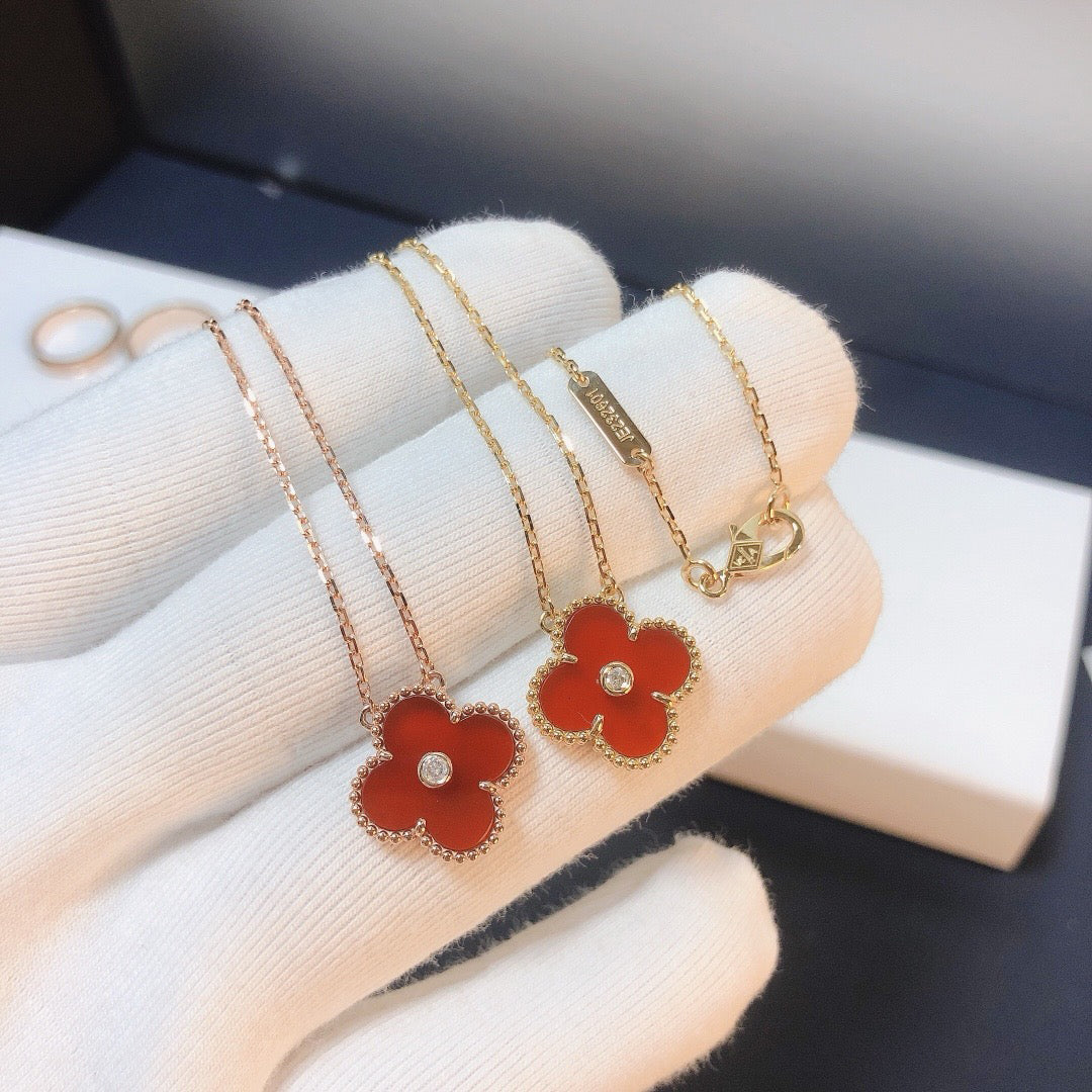 [Topon Jewelry]CLOVER 15MM DIAMOND CARNELIAN NECKLACE