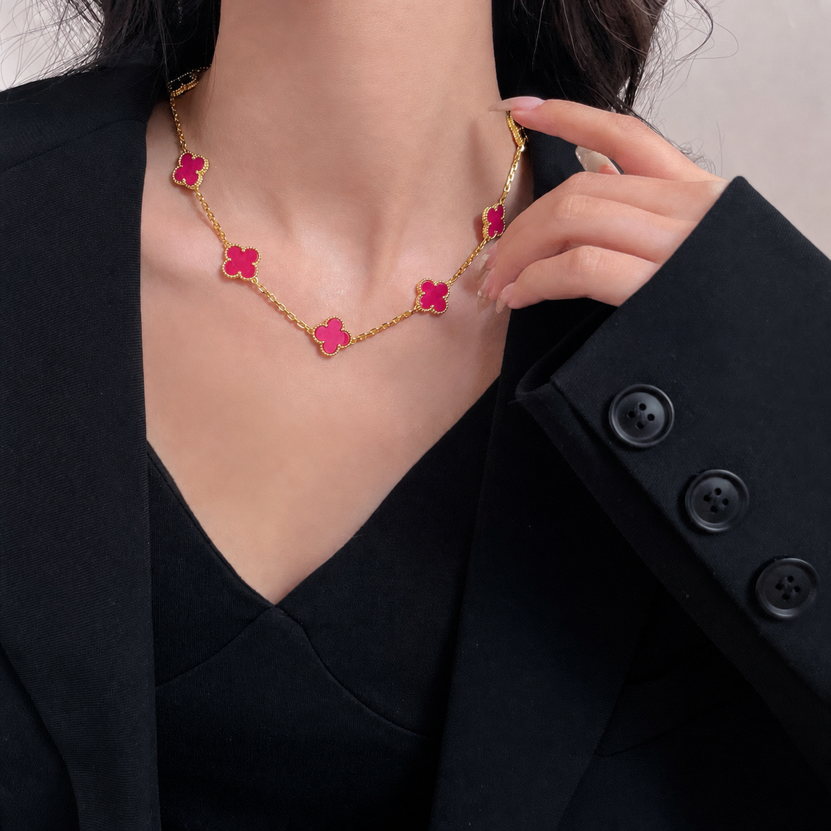 [TOPON]NEW CLOVER 10 MOTIFS PINK ENAMEL NECKLACE