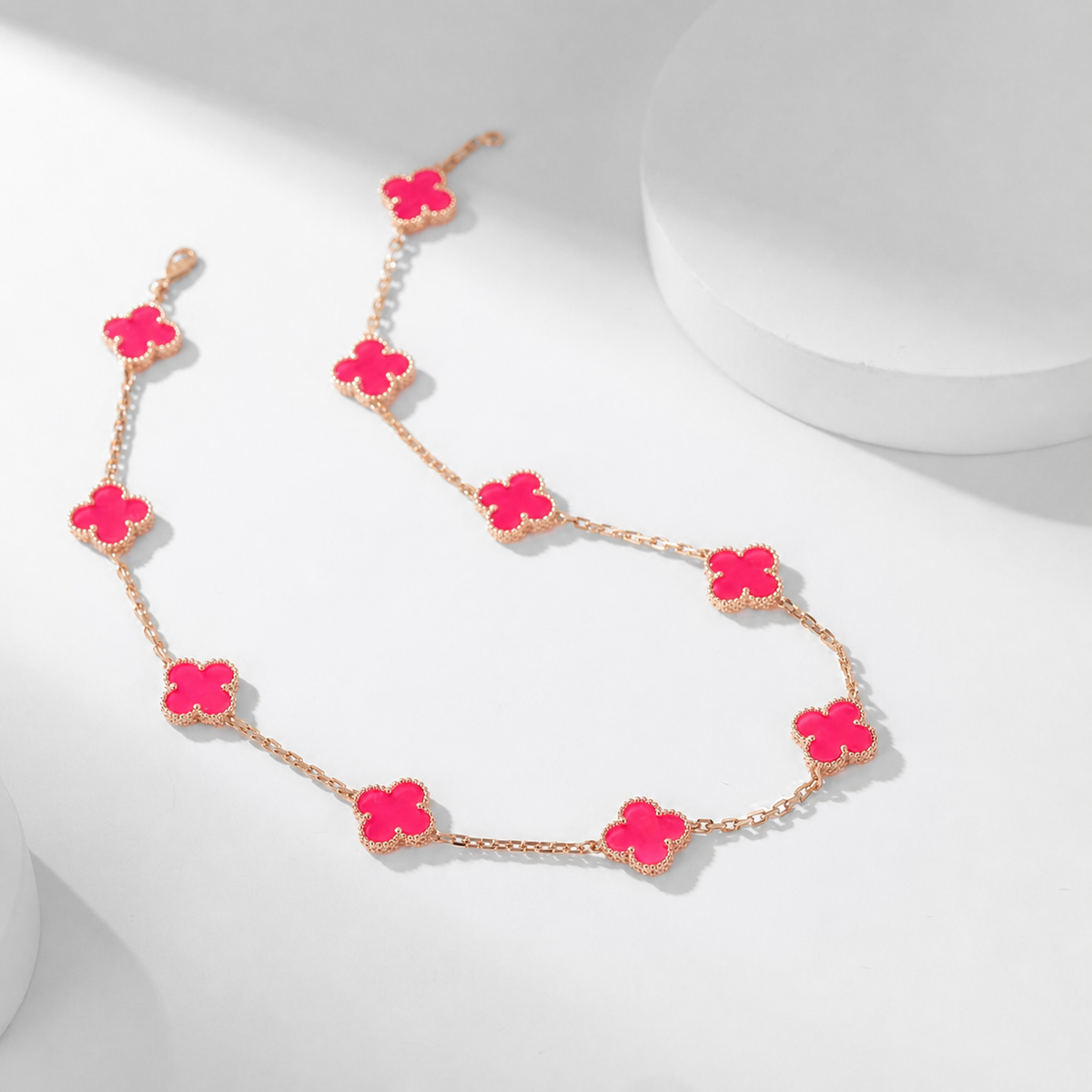[TOPON]NEW CLOVER 10 MOTIFS PINK ENAMEL NECKLACE