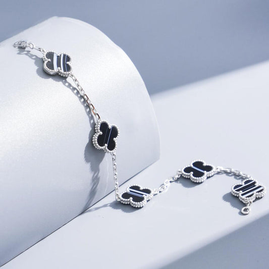 [Topon]CLOVER 5 MOTIF VEINED ONYX BRACELET SILVER