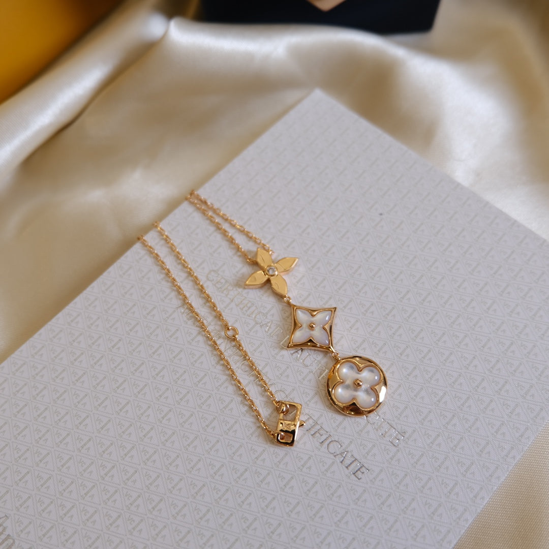 [Topon]COLOR BLOSSOM LARIAT NECKLACE PINK GOLD WHITE MOTHER PEARL AND DIAMOND