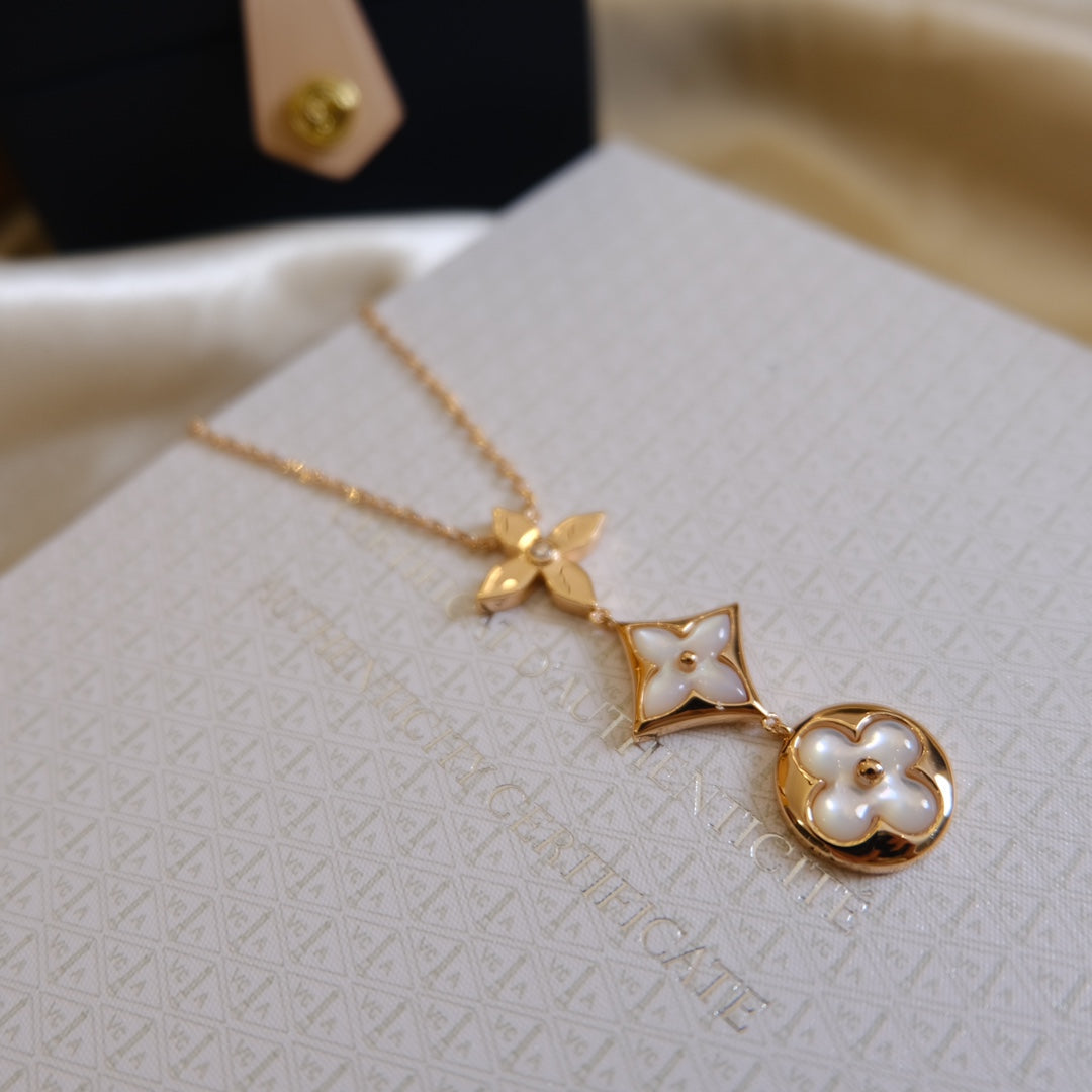 [Topon Jewelry]COLOR BLOSSOM LARIAT NECKLACE PINK GOLD WHITE MOTHER PEARL AND DIAMOND