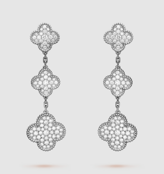 [Topon Jewelry]CLOVER 3 MOTIF DIAMOND SILVER DROP EARRINGS