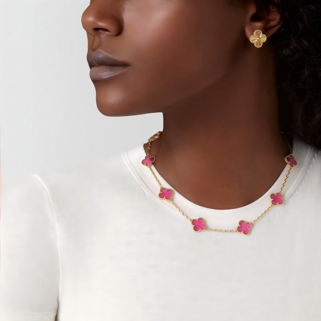 [TOPON]NEW CLOVER 10 MOTIFS PINK ENAMEL NECKLACE
