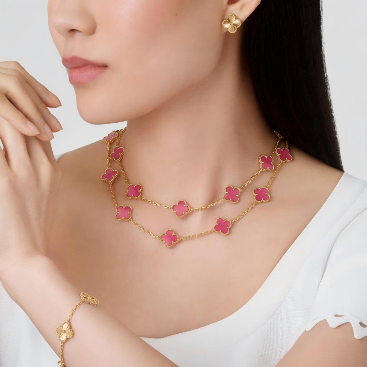 [TOPON] NEW CLOVER 20 MOTIFS PINK ENAMEL NECKLACE