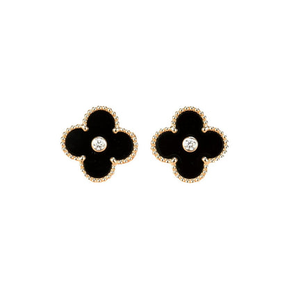 [Topon Jewelry]CLOVER MEDIUM 1 MOTIFS ONYX DIAMOND EARRINGS