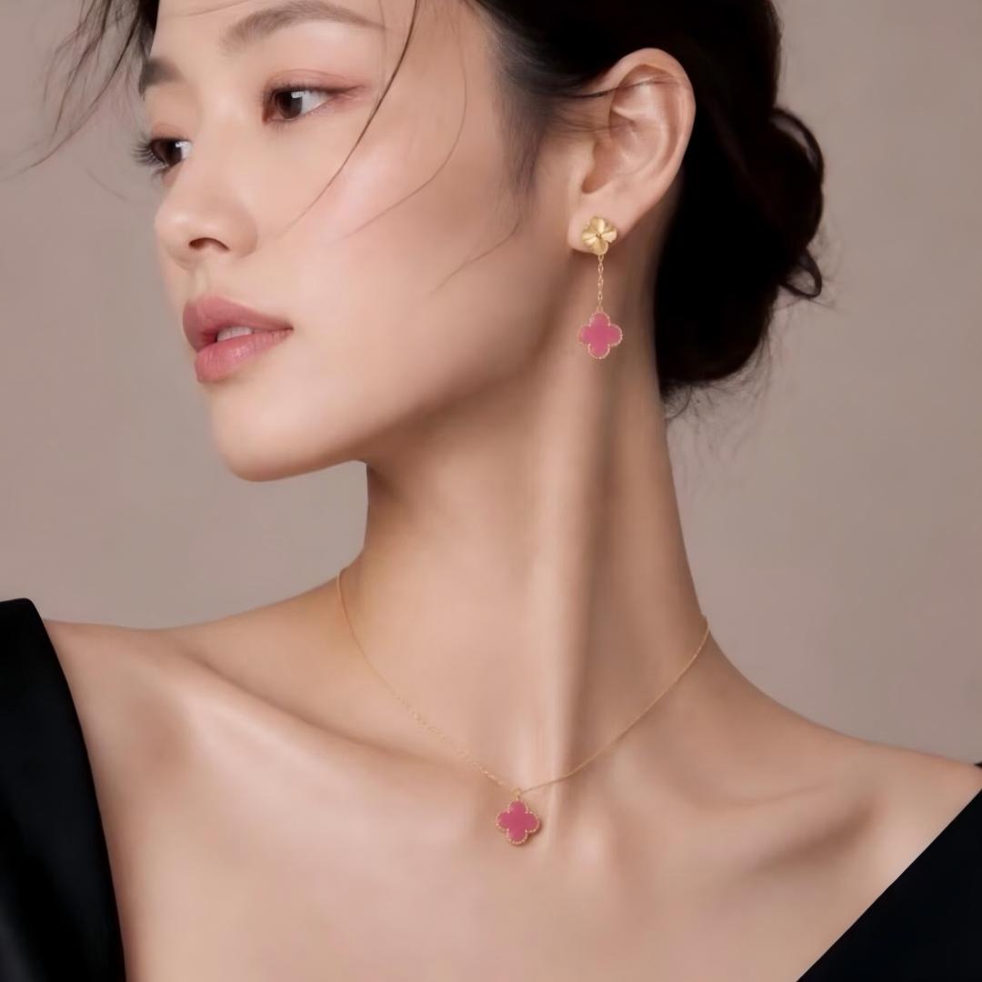 [TOPON] NEW CLOVER 15MM PINK ENAMEL NECKLACE