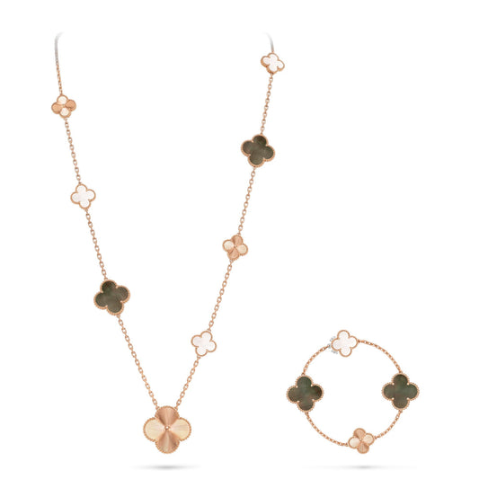 [Topon]DETACHABLE CLOVER 15(11+4) FLOWER ROSE GOLD NECKLACE SET