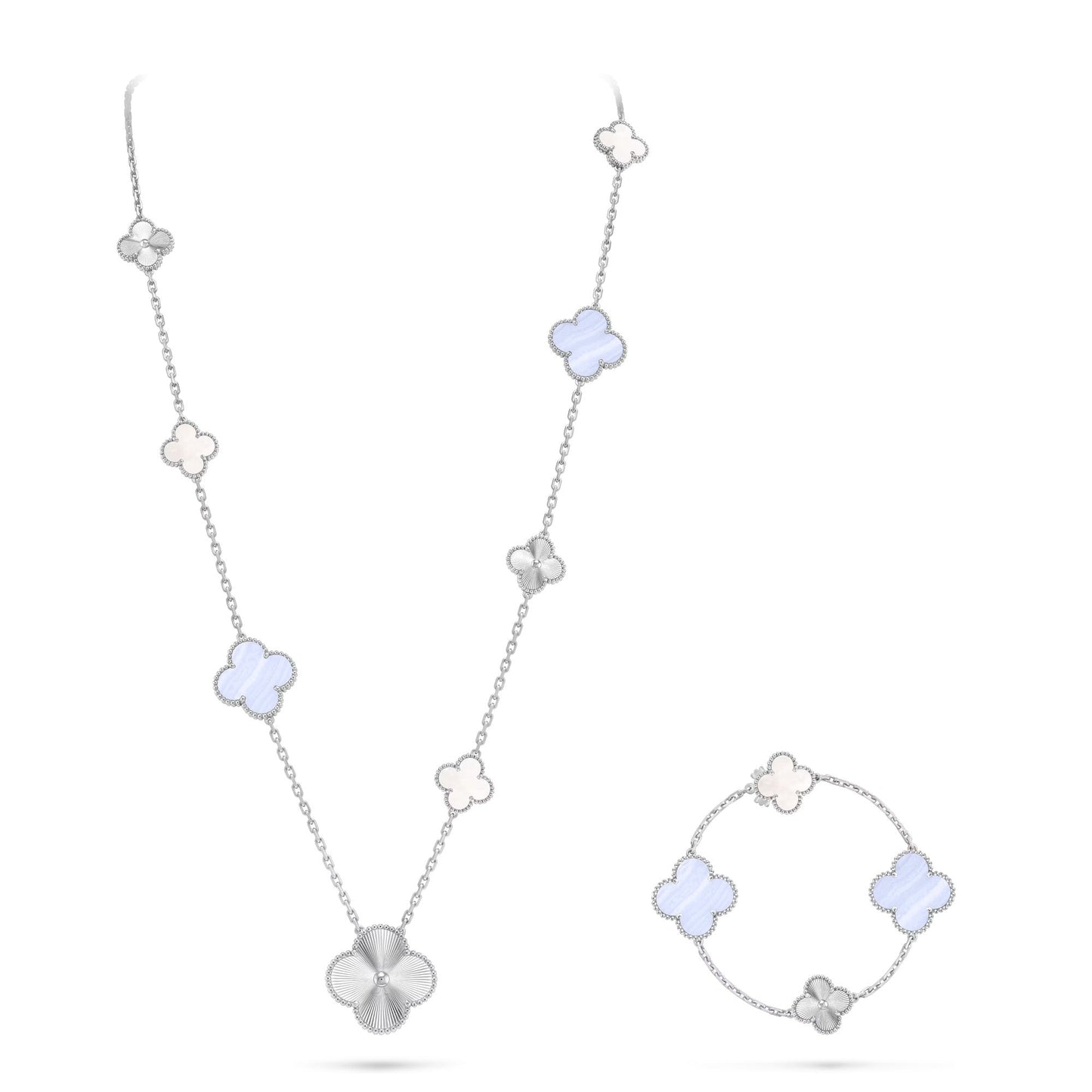 [Topon]DETACHABLE CLOVER 15(11+4) FLOWER SILVER NECKLACE SET