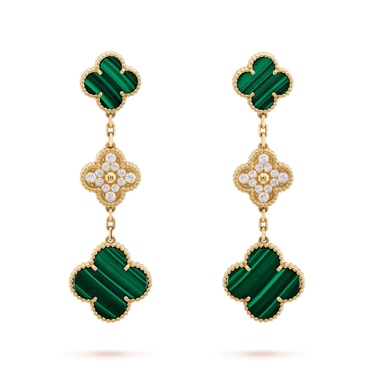 [Topon Jewelry]CLOVER EARRINGS GOLD MALACHITE DIAMOND 3 MOTIF