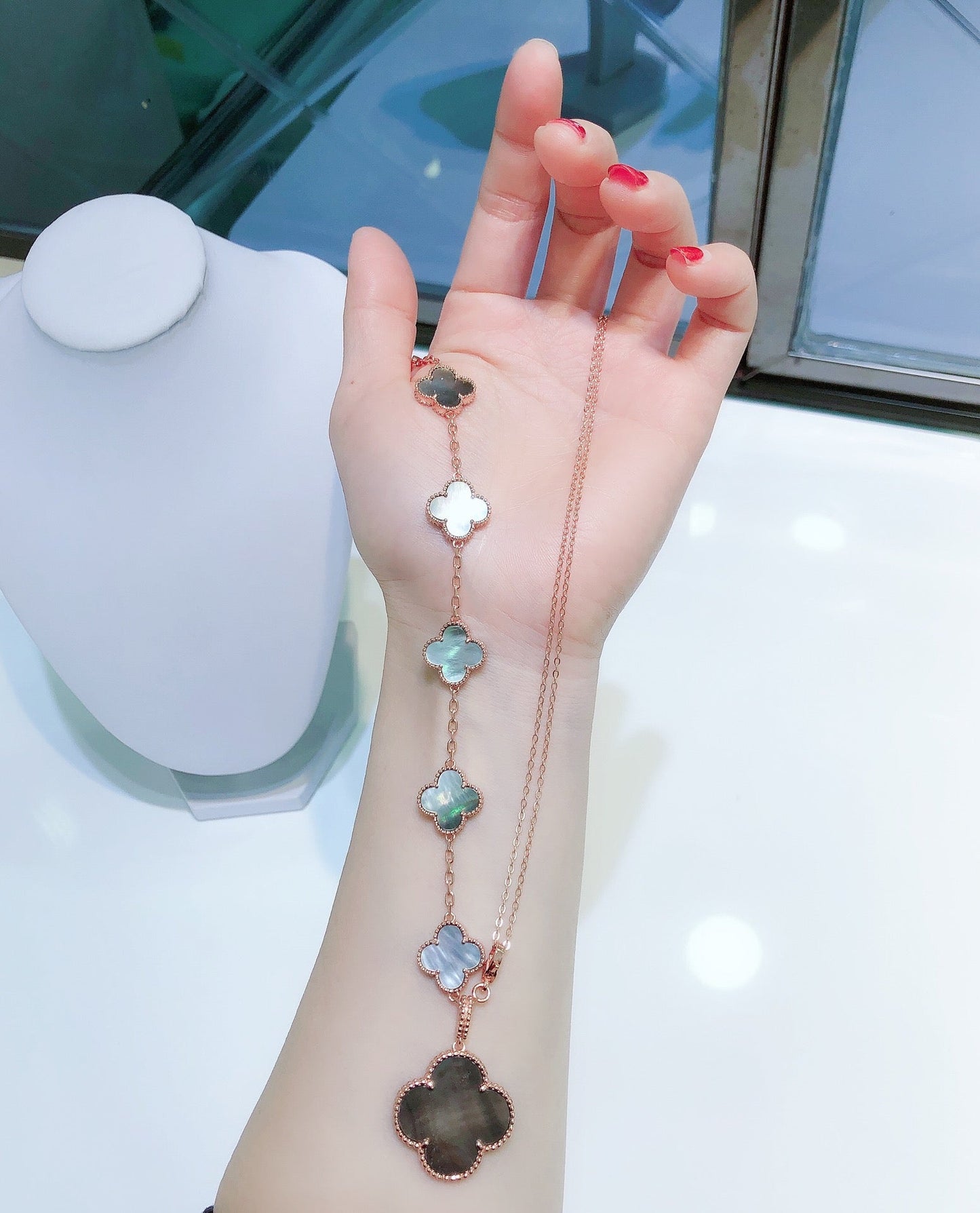 [Topon Jewelry]COMBINED BRACELET 5 MOTIFS AND NECKLACE DARK MOP ROSE GOLD