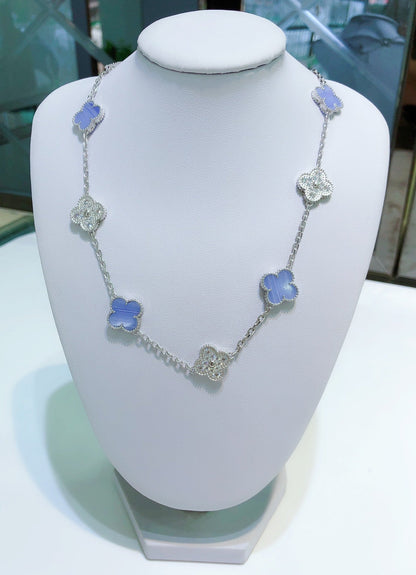 [Topon Jewelry]CLOVER 10 MOTIFS CHALCEDONY DIAMONDS SILVER NECKLACE