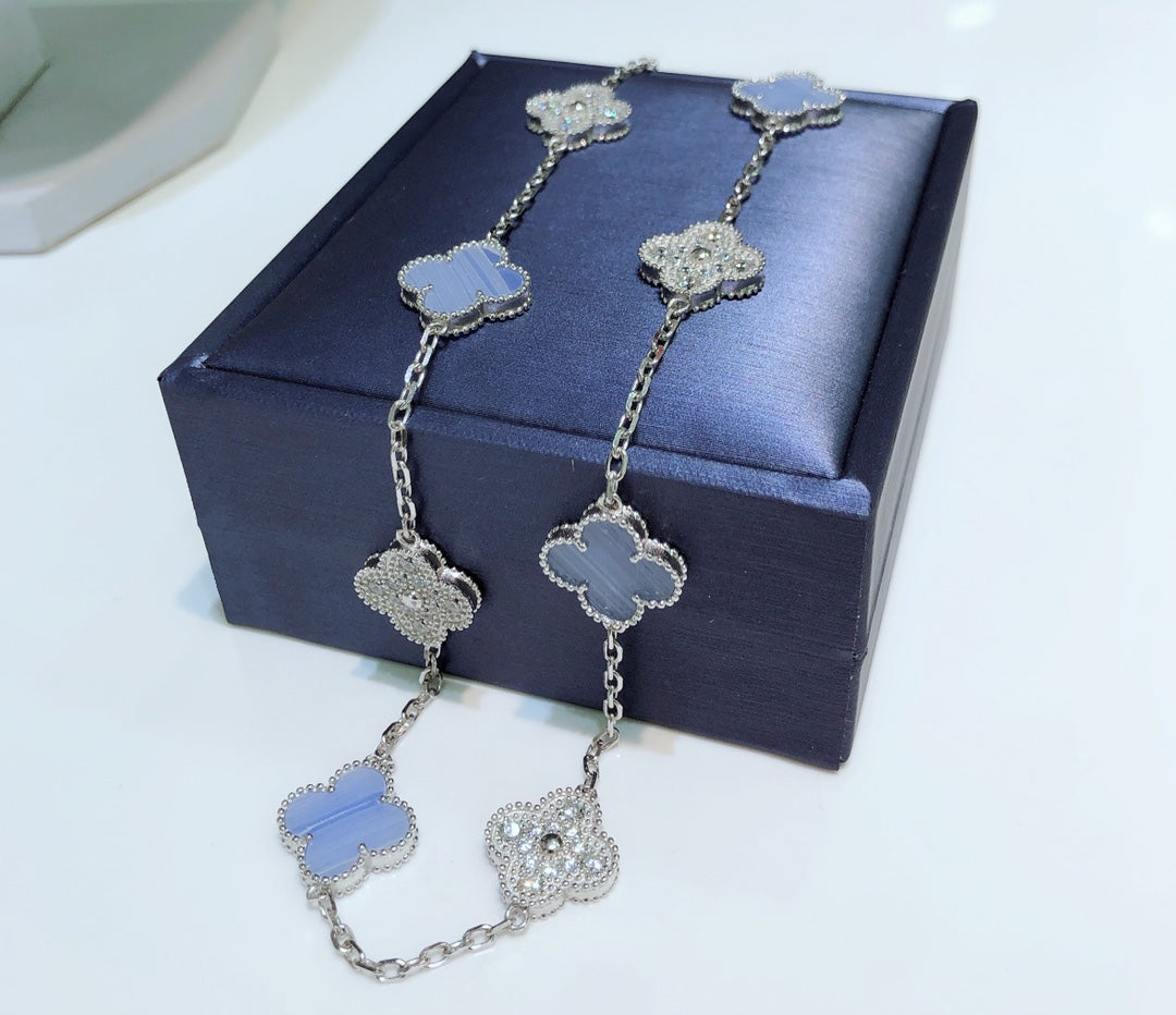 [Topon Jewelry]CLOVER 10 MOTIFS CHALCEDONY DIAMONDS SILVER NECKLACE