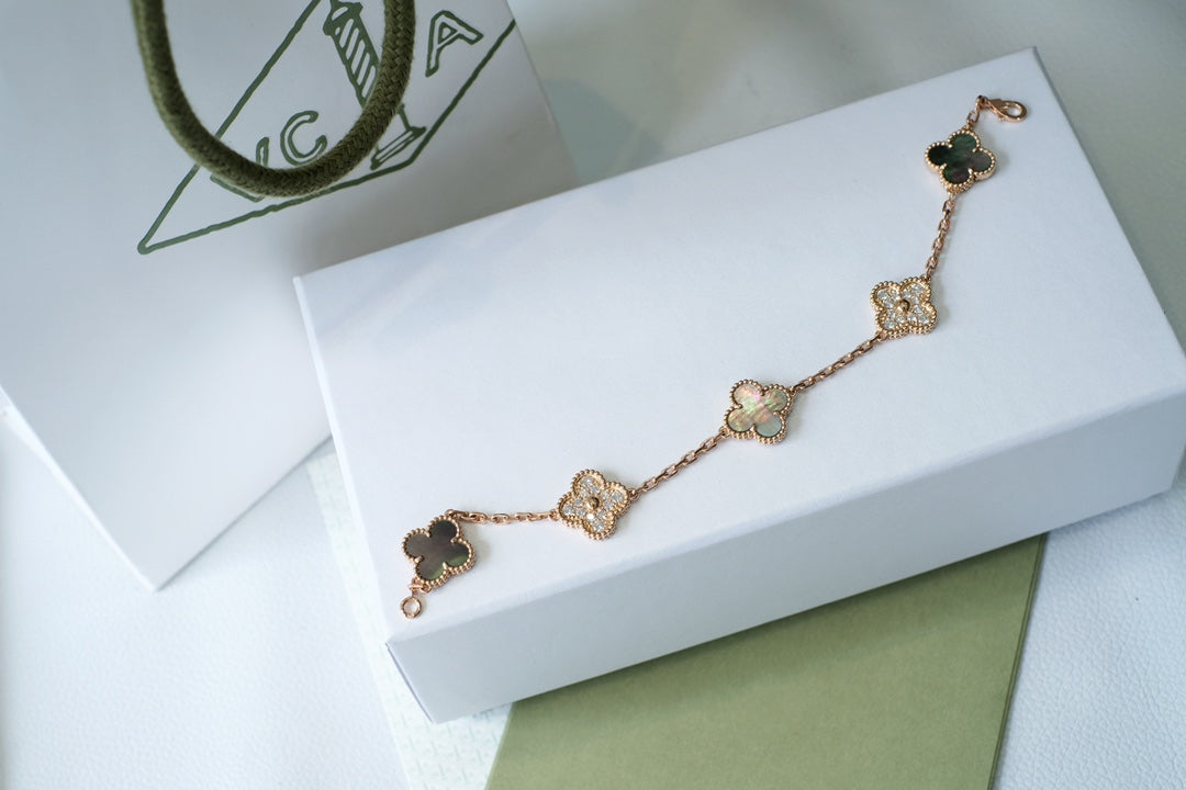 [Topon Jewelry]CLOVER 5 MOTIFS DARK MOP AND DIAMONDS PINK GOLD BRACELET