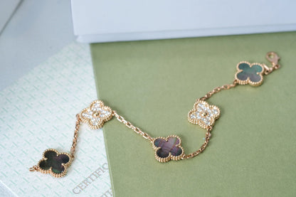 [Topon Jewelry]CLOVER 5 MOTIFS DARK MOP AND DIAMONDS PINK GOLD BRACELET