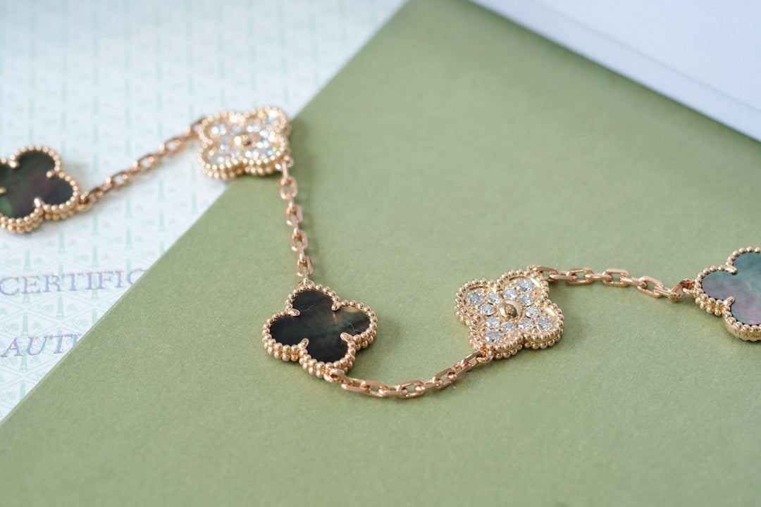 [Topon Jewelry]CLOVER 5 MOTIFS DARK MOP AND DIAMONDS PINK GOLD BRACELET